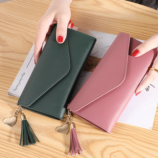 Wallet women's long, fringed three-fold flip clutch bag, simple women's wallet evening