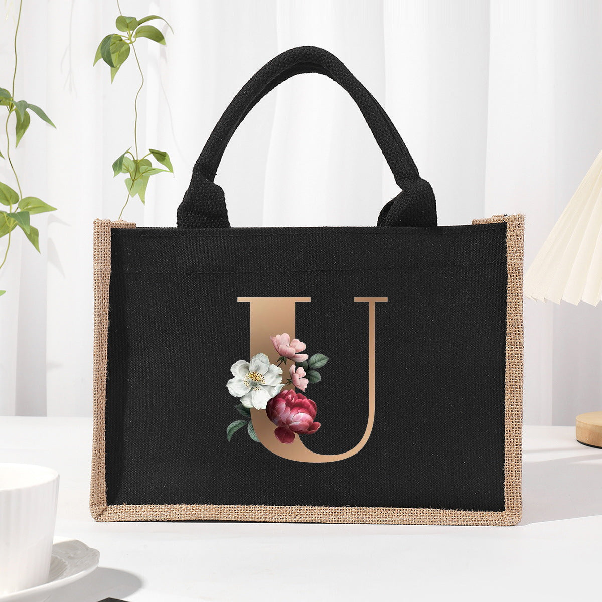 Cotton and linen canvas tote bag, printed letter tote bag, portable light handbag, gift shopping bag
