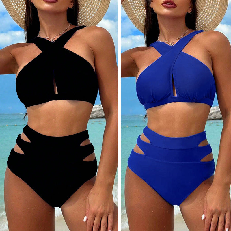 Bikini Two Piece Set Sexy Backless Cross Strap Solid Color Swimsuit Women