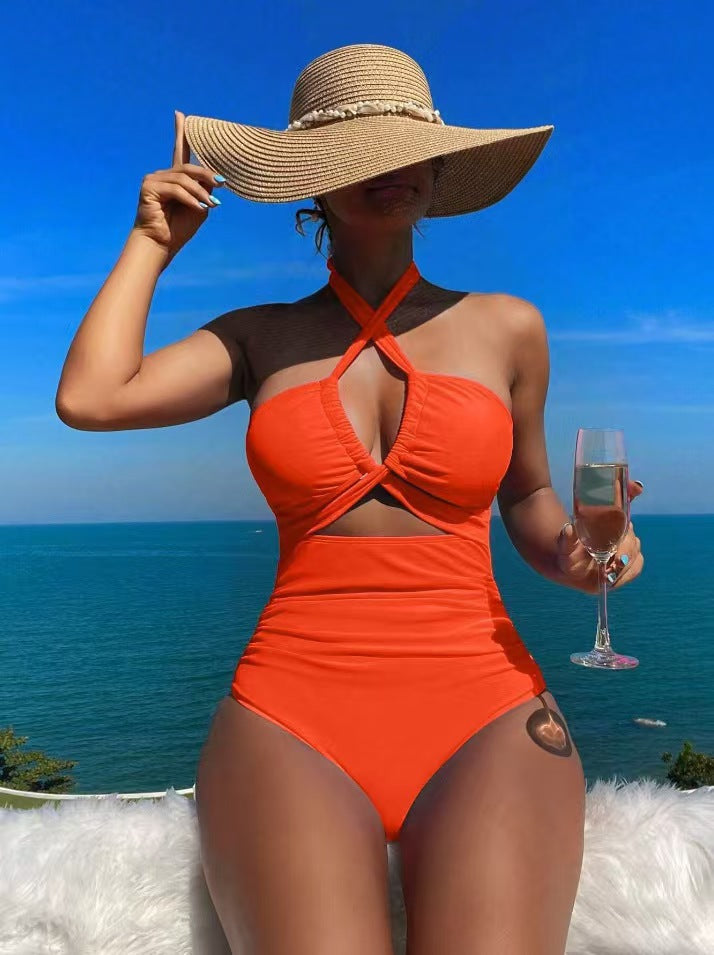 High Waist Solid Color One Piece Sexy Backless Halter Swimsuit for Women