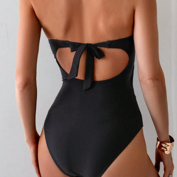 Solid Color Bandeau One Piece Women's Sexy Metal Buckle Hollow Out Slimming Swimsuit