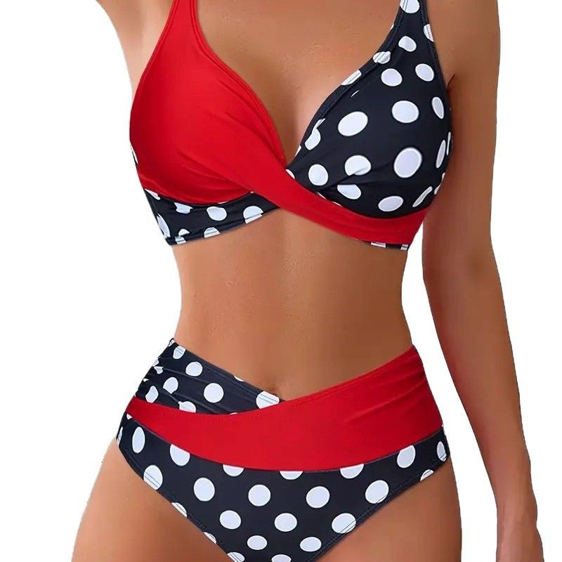 Printed Color Block Polka Dot Crisscross Backless Sexy Two Piece Swimsuit Bikini for Women