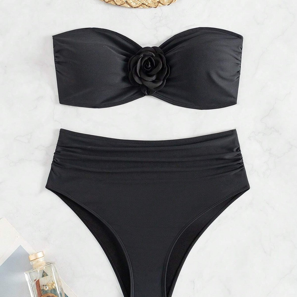 Women's Black Floral Two Piece Swimsuit Sexy High Waist Bikini Set