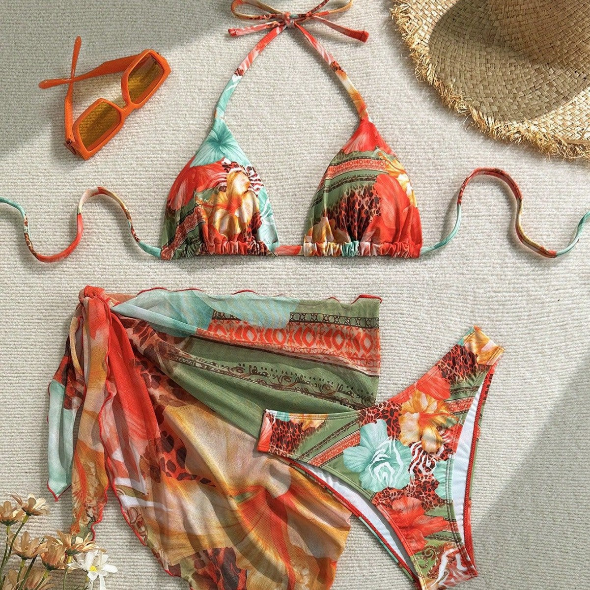 Women's Bikini Swimsuit with Floral Print and Tie Straps