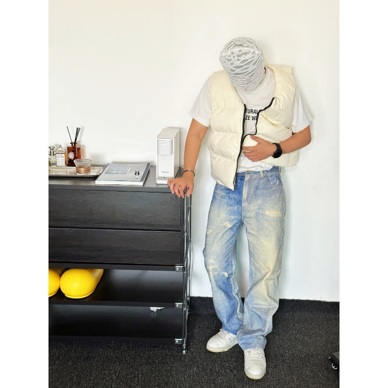 Digital Printed Gray White Washed Distressed Jeans