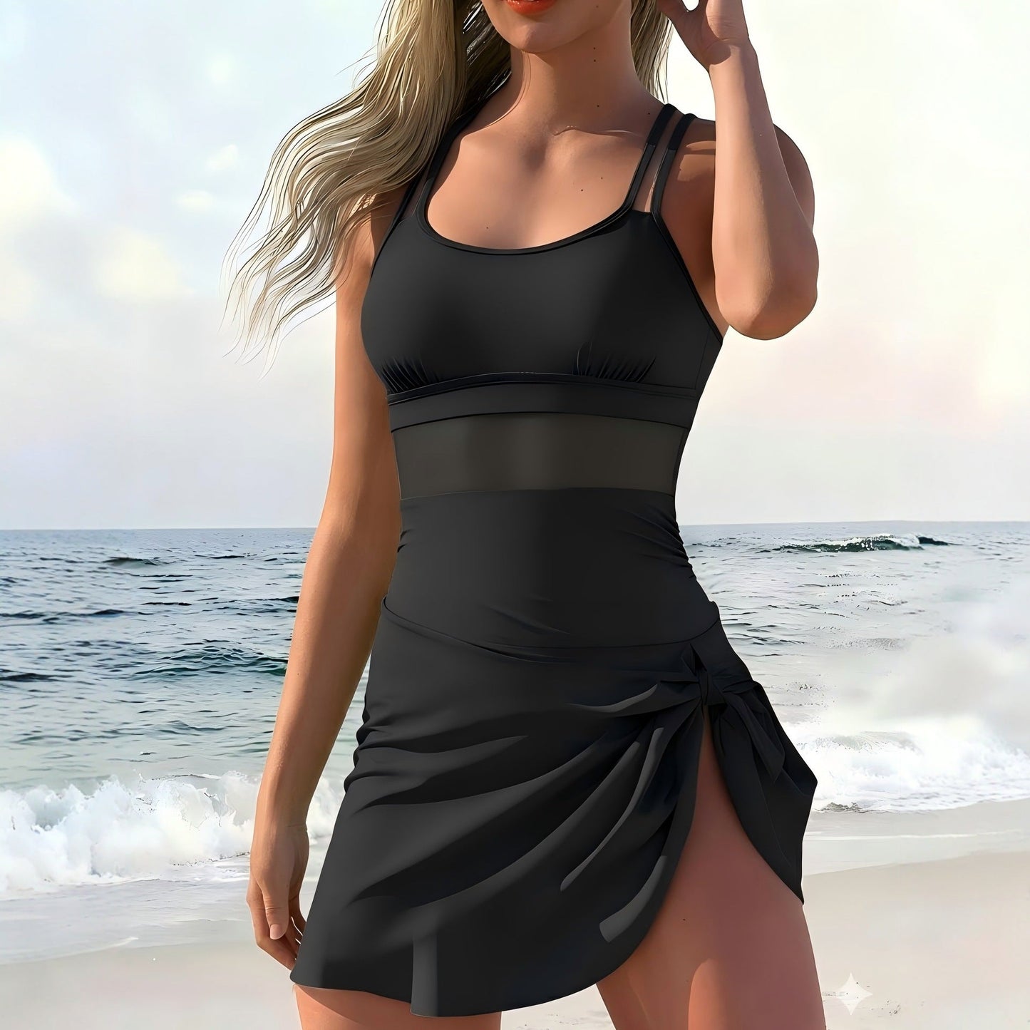 Slim Fit Mesh Panel Beach Dress Style One-Piece Swimsuit for Women