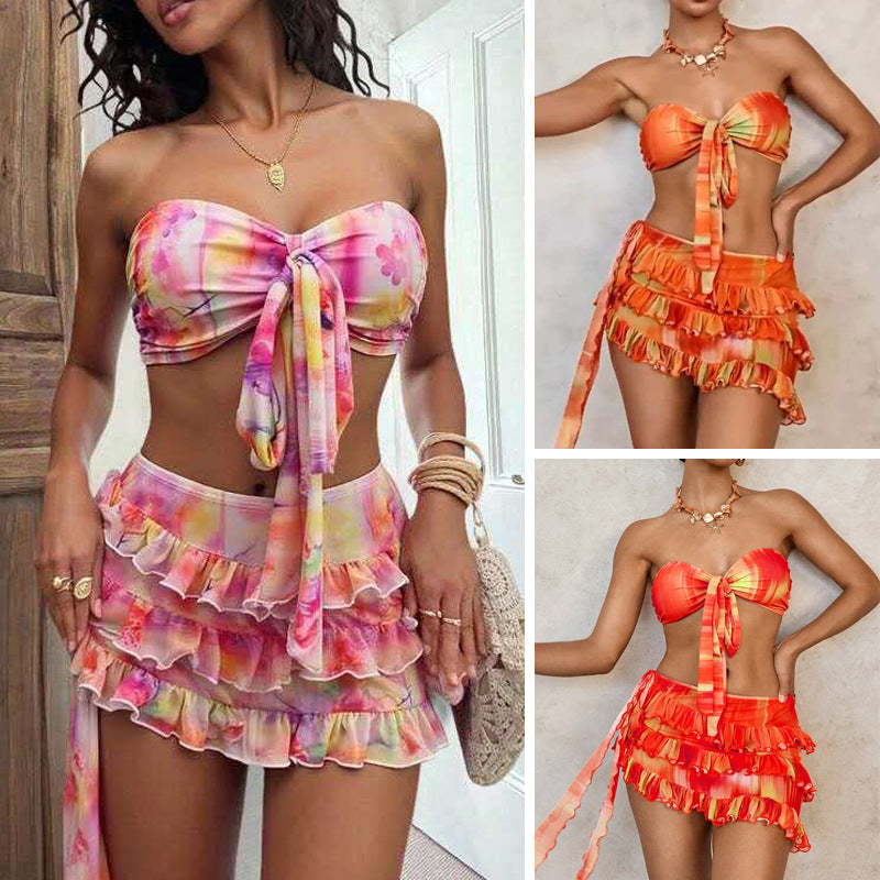 Sexy Printed Bikini Three Piece Swimsuit with and Pleated Skirt for Women Hot Spring Swimwear