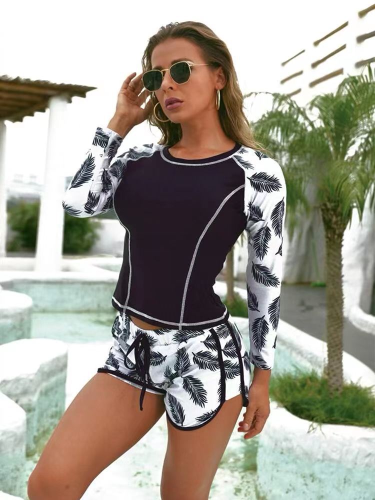 Women's Sun Protection Diving Suit Printed Boxer Long Sleeve Swimsuit UV Protection Swimwear
