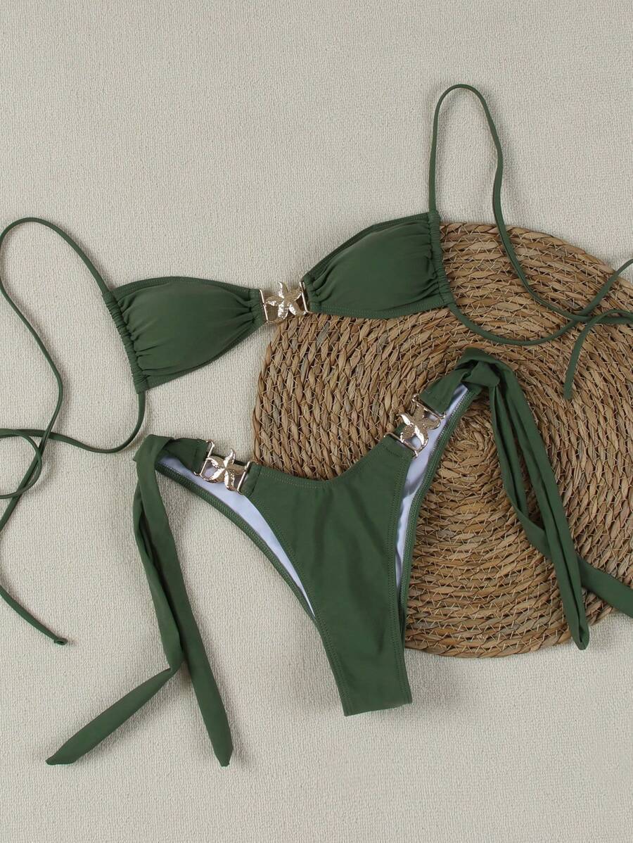 Popular Solid Color Bikini Two-Piece Swimsuit with Tie Back Sexy Design and Accessories High-End