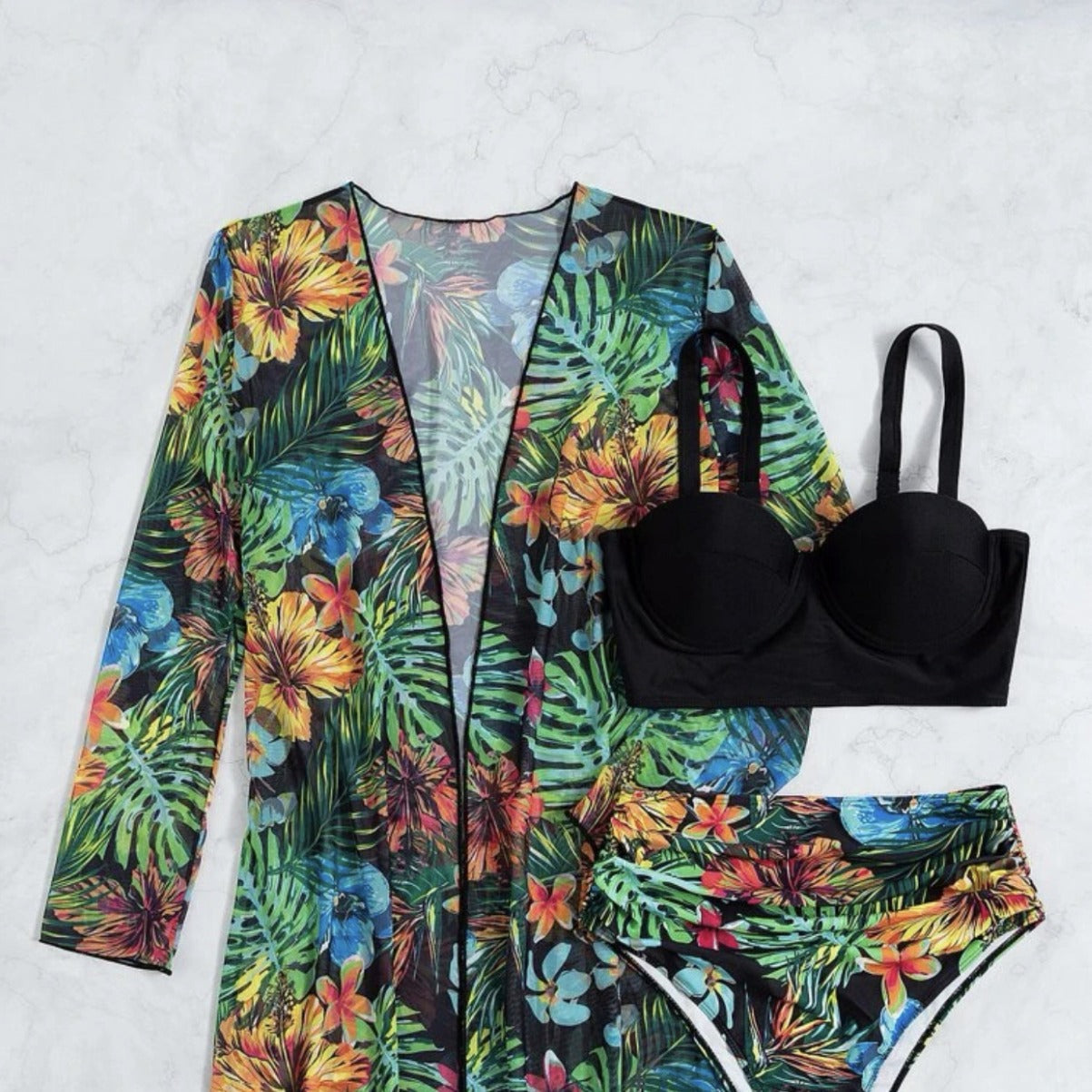 Sexy Mesh Bikini Three Piece Set Push Up Split Printed Swimsuit for Women