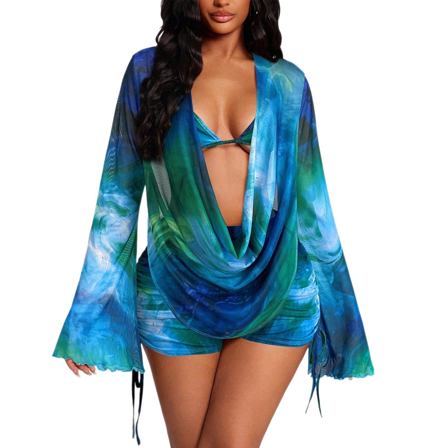 Printed Sexy Long Sleeve Cover Up Bikini Three Piece Swimsuit Boyshorts Slimming Swimwear for Women