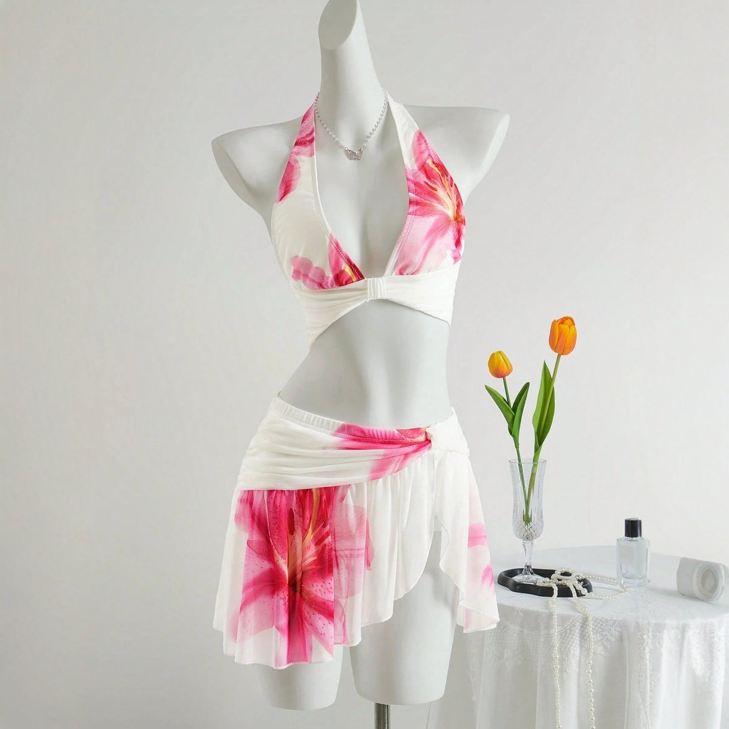 Women's Split Skirt Swimsuit Sexy Positioning Print Mesh Splicing Slim Bikini Set