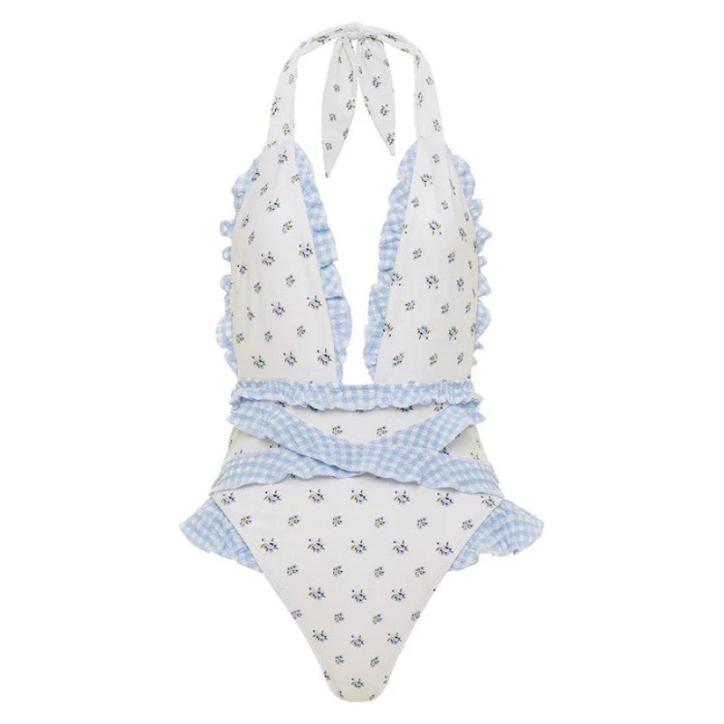 Women's Ruffled Lace Bow Floral Tie One-Piece Swimsuit Set