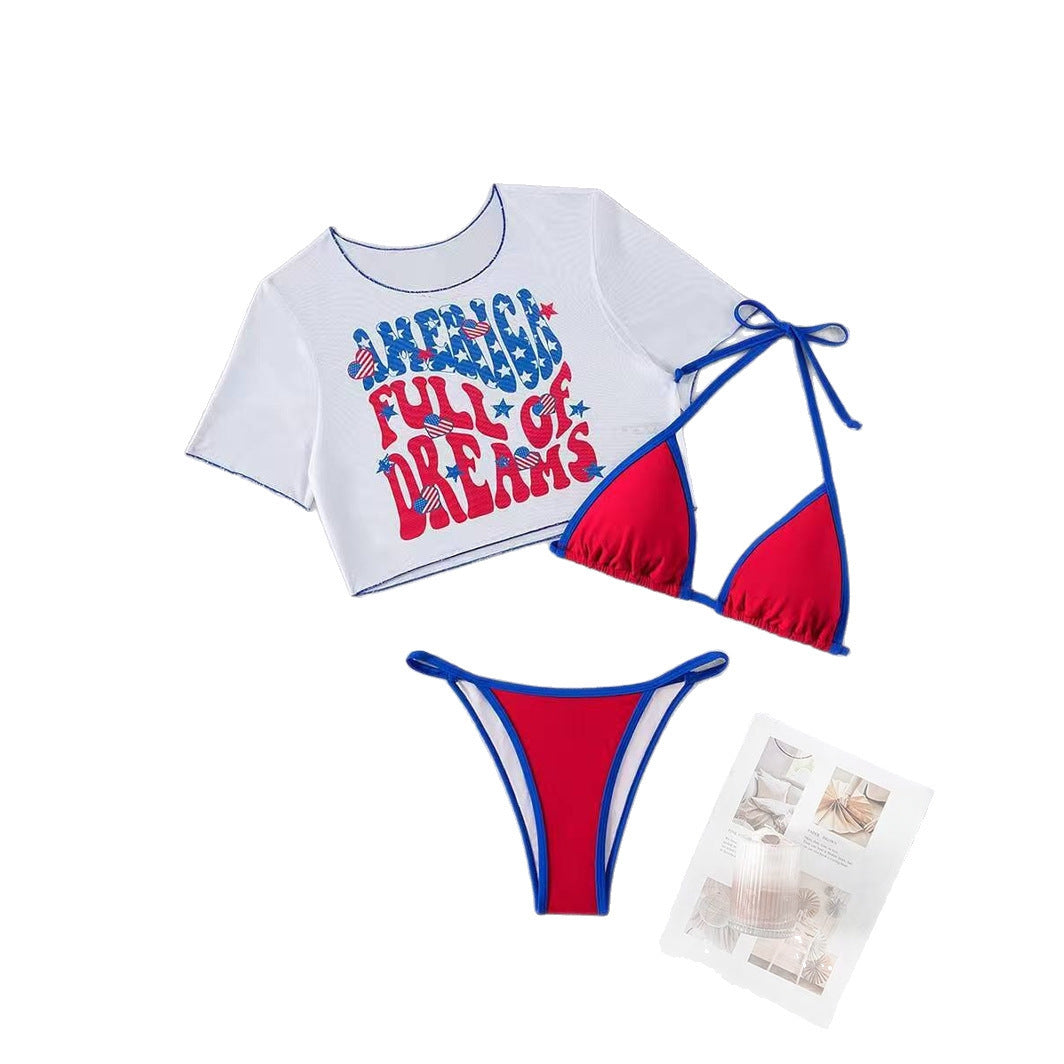 Sexy Bikini Three Piece Set Women's Printed Short Sleeve Sun Protection Mesh Swimsuit