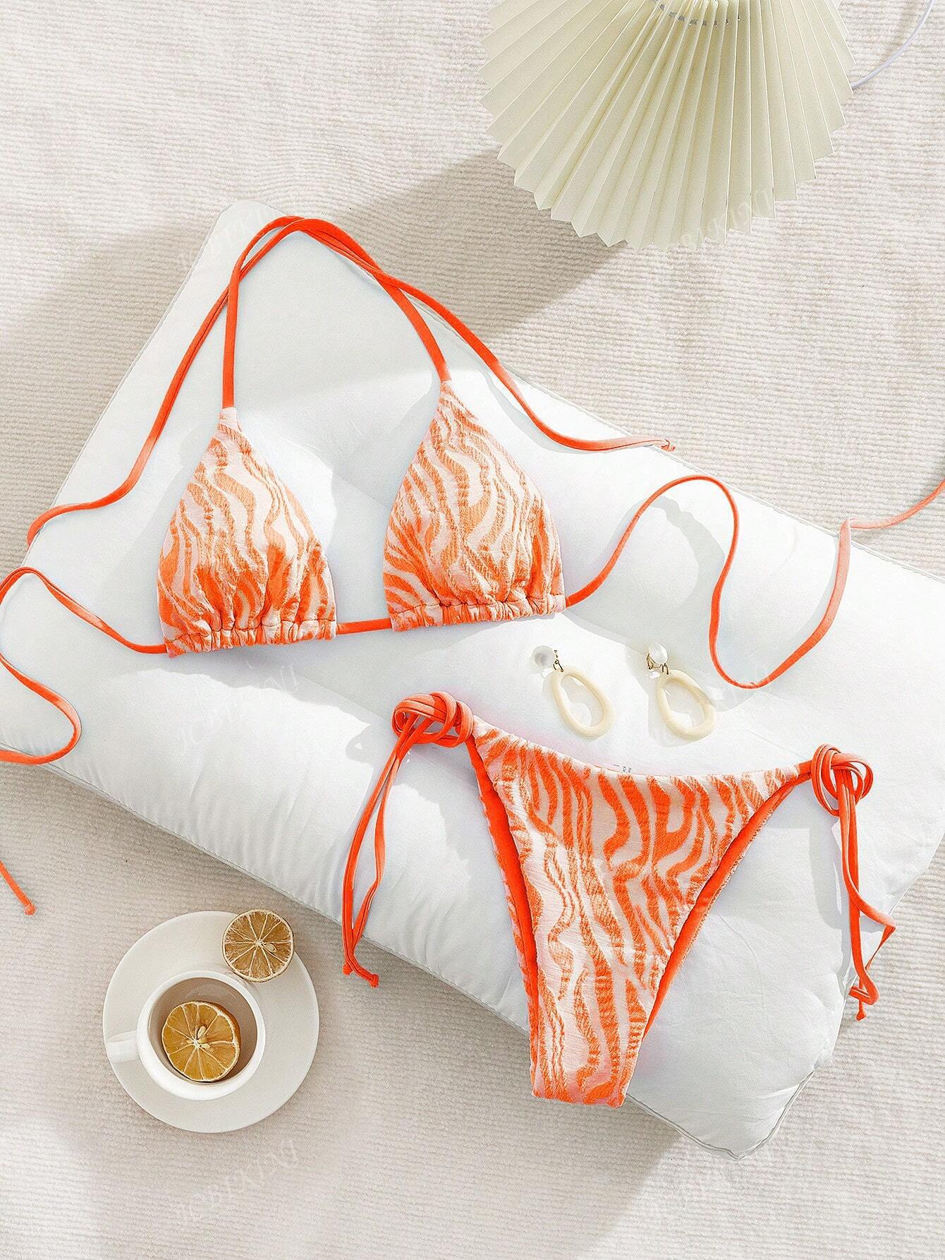 Women's Swimsuit Water Wave Pattern Bikini Set with Straps Sexy