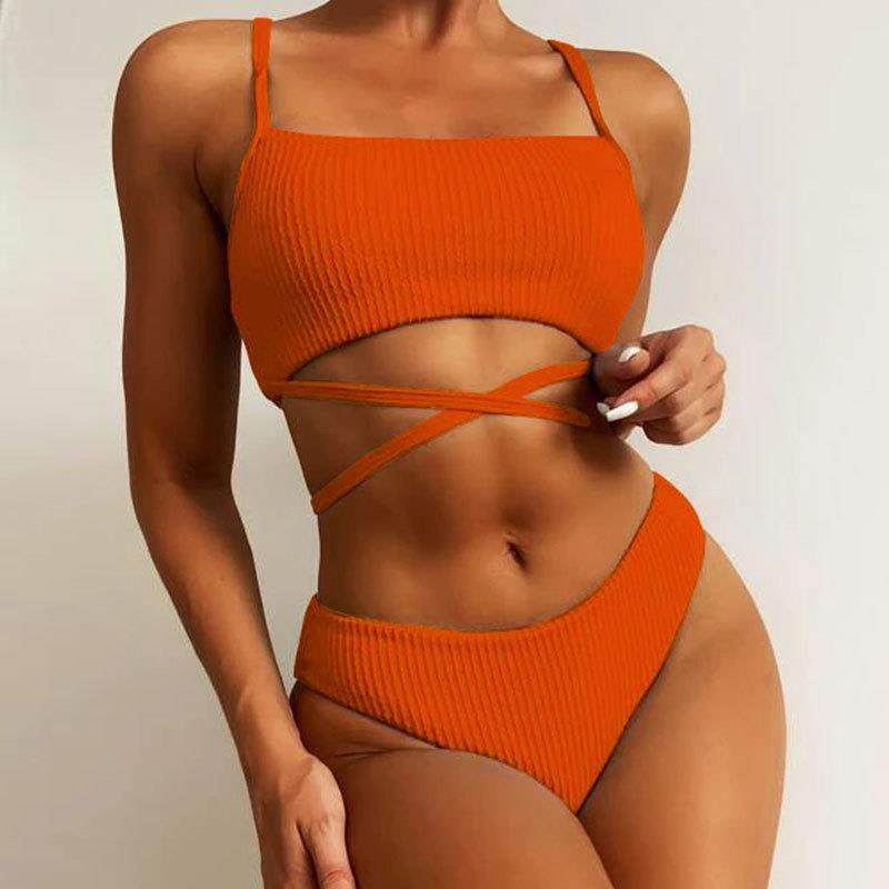 Women's High Waist Solid Color Split Swimsuit with Wave Pattern for Tummy Control