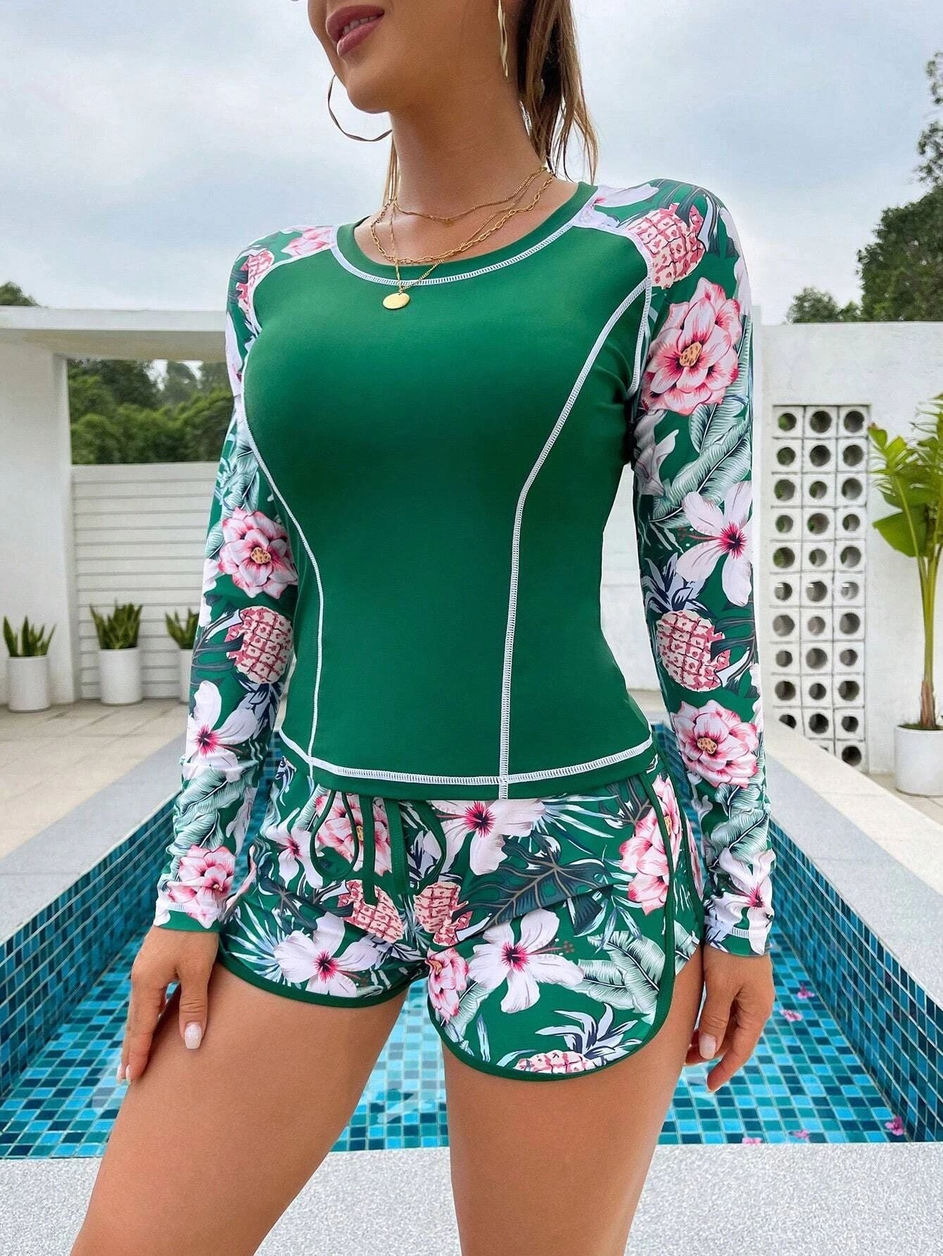 Women's Sun Protection Diving Suit Printed Boxer Long Sleeve Swimsuit UV Protection Swimwear