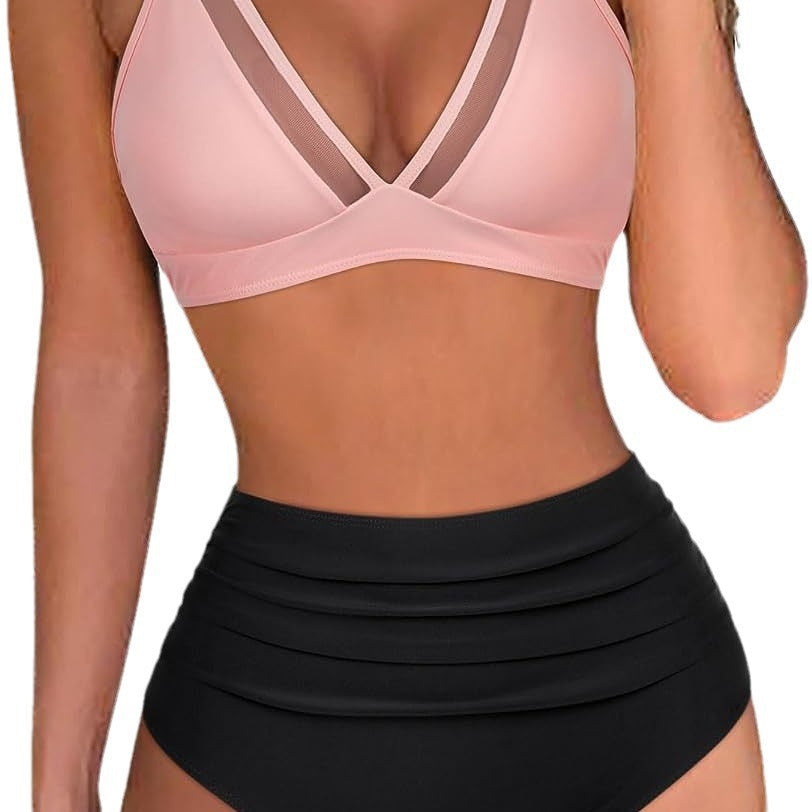 High Waist Bikini Mesh Panel Sexy Backless Ruffled Swimsuit
