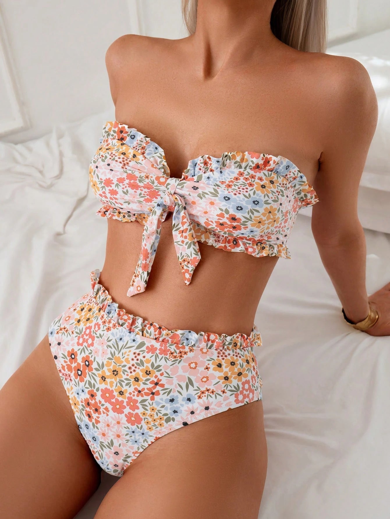 Trendy Floral Print Two Piece Swimsuit Women's Sexy Ruffled Bikini Set