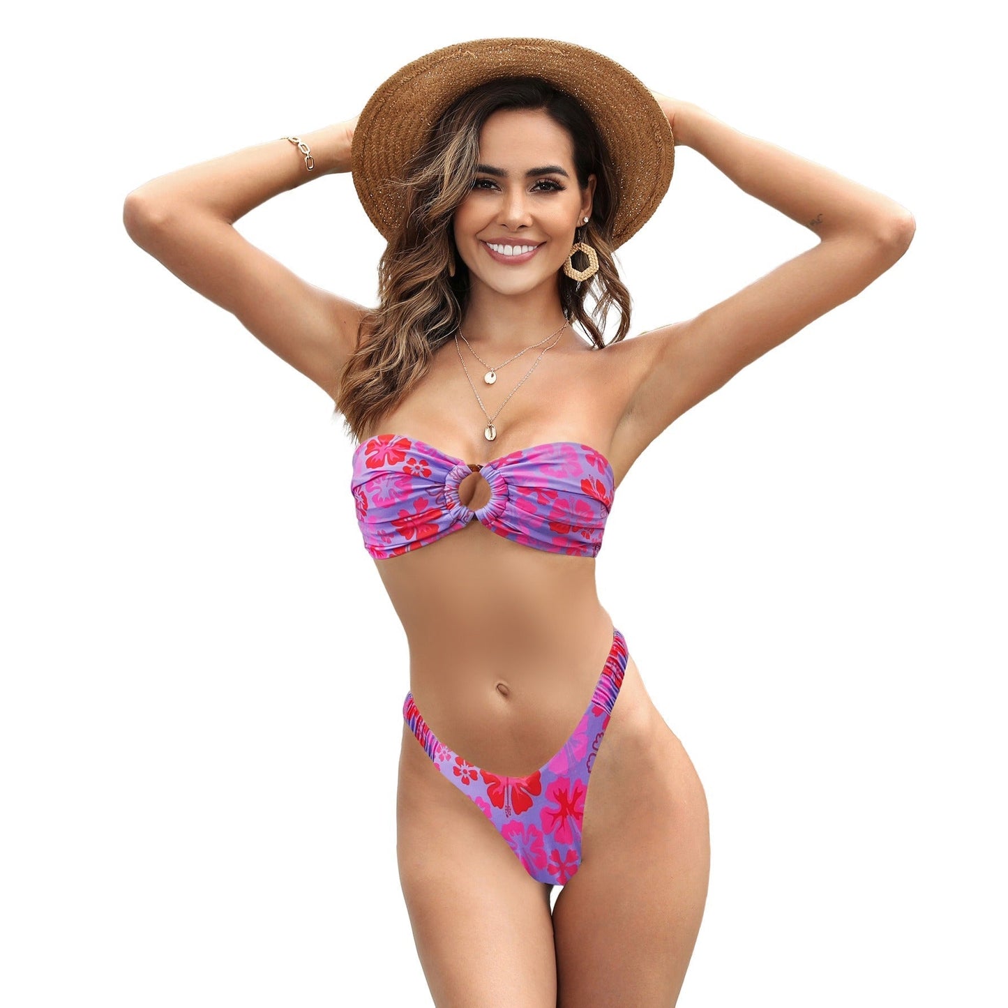 Tube Top Pumping Pleated Bikini Female Sexy Halter High Waist Thickened Split Swimsuit Swim Mod Ditsy Bandeau Bikini Swimsuit
