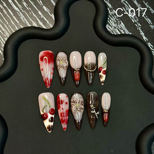 Hot-selling sweet and cool cherry engraved diamond embellished fake nail finished product wholesale