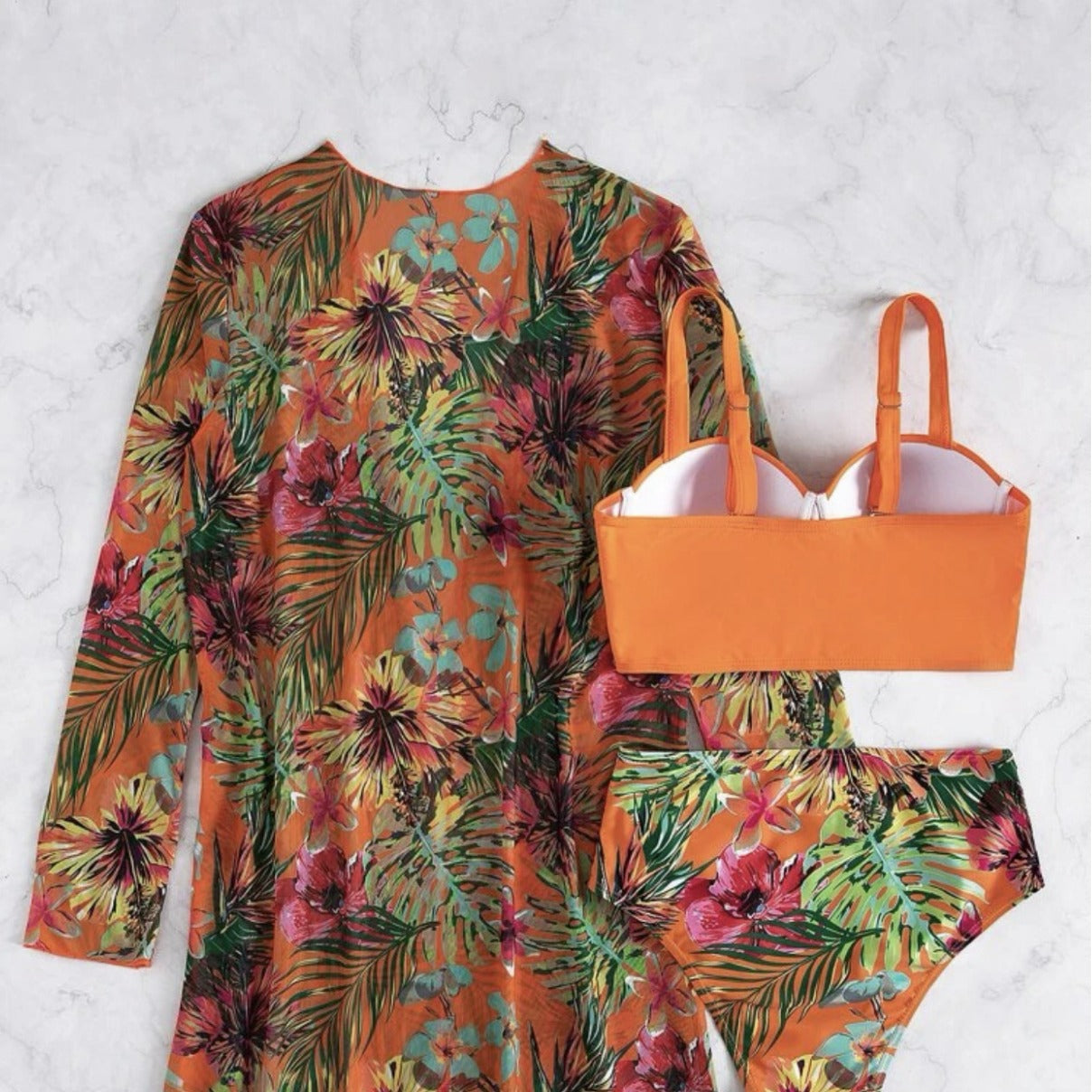 Sexy Mesh Bikini Three Piece Set Push Up Split Printed Swimsuit for Women