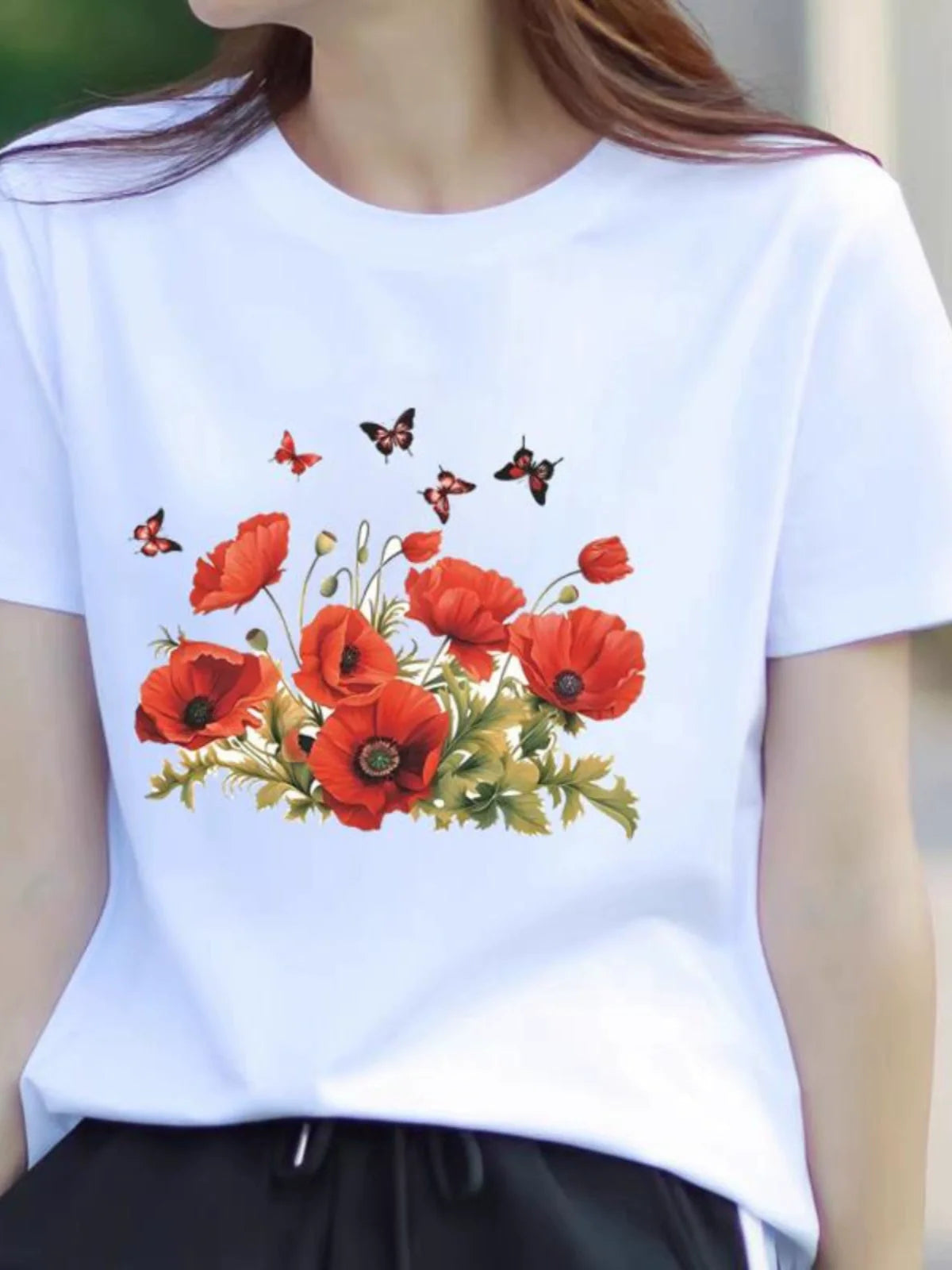Women's Butterfly Floral Print Short Sleeve T-Shirt