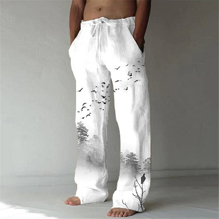 Men's Cotton Linen Printed Drawstring Trousers