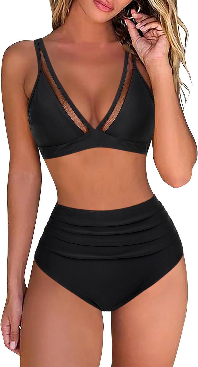 High Waist Bikini Mesh Panel Sexy Backless Ruffled Swimsuit