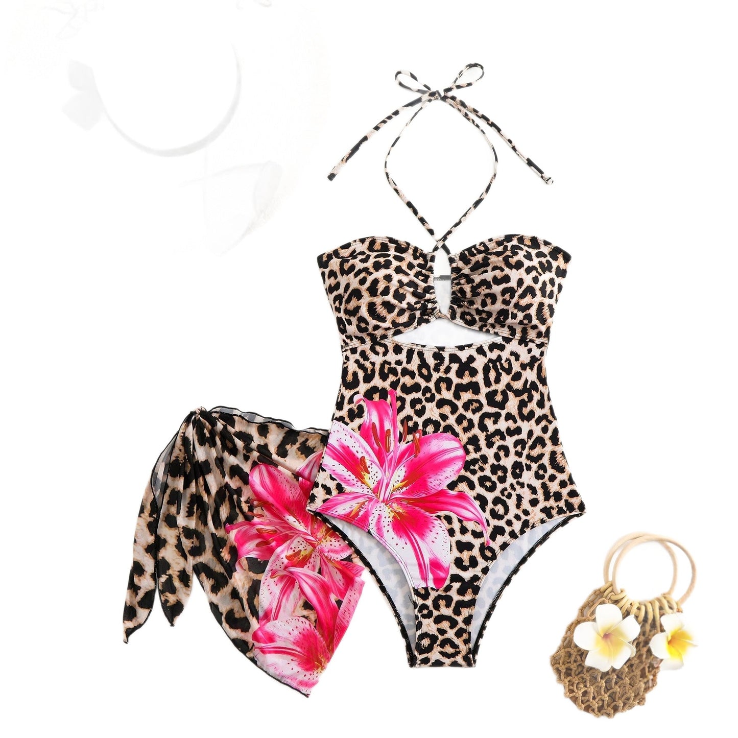 Leopard Print Floral Positioning Print Sexy Backless Women's One-Piece Swimsuit