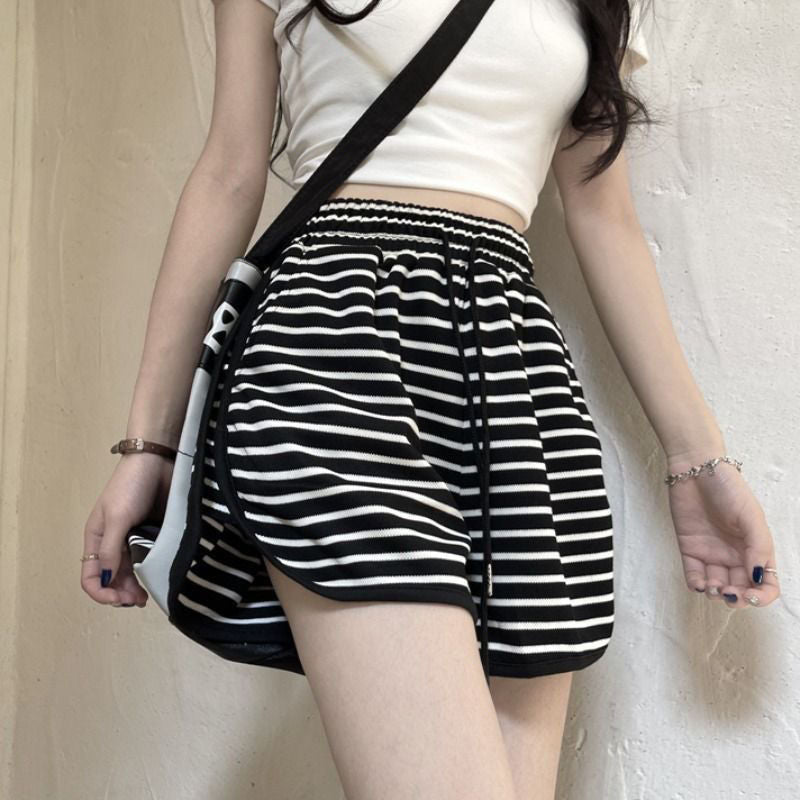 Versatile High Waist Striped Elastic Shorts