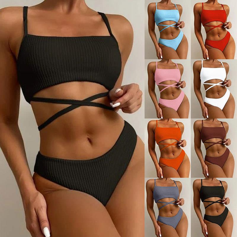Women's High Waist Solid Color Split Swimsuit with Wave Pattern for Tummy Control