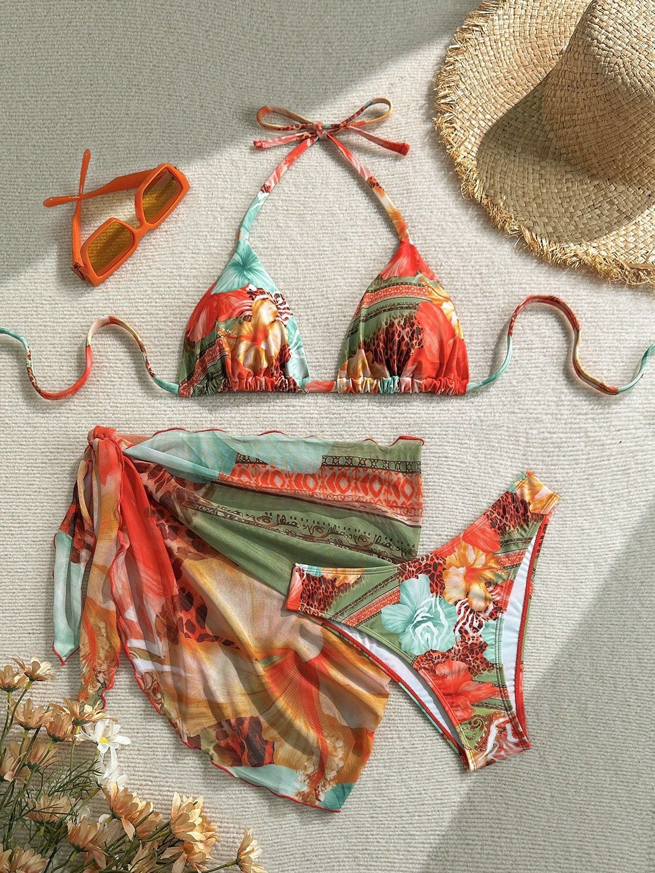 Women's Bikini Swimsuit with Floral Print and Tie Straps