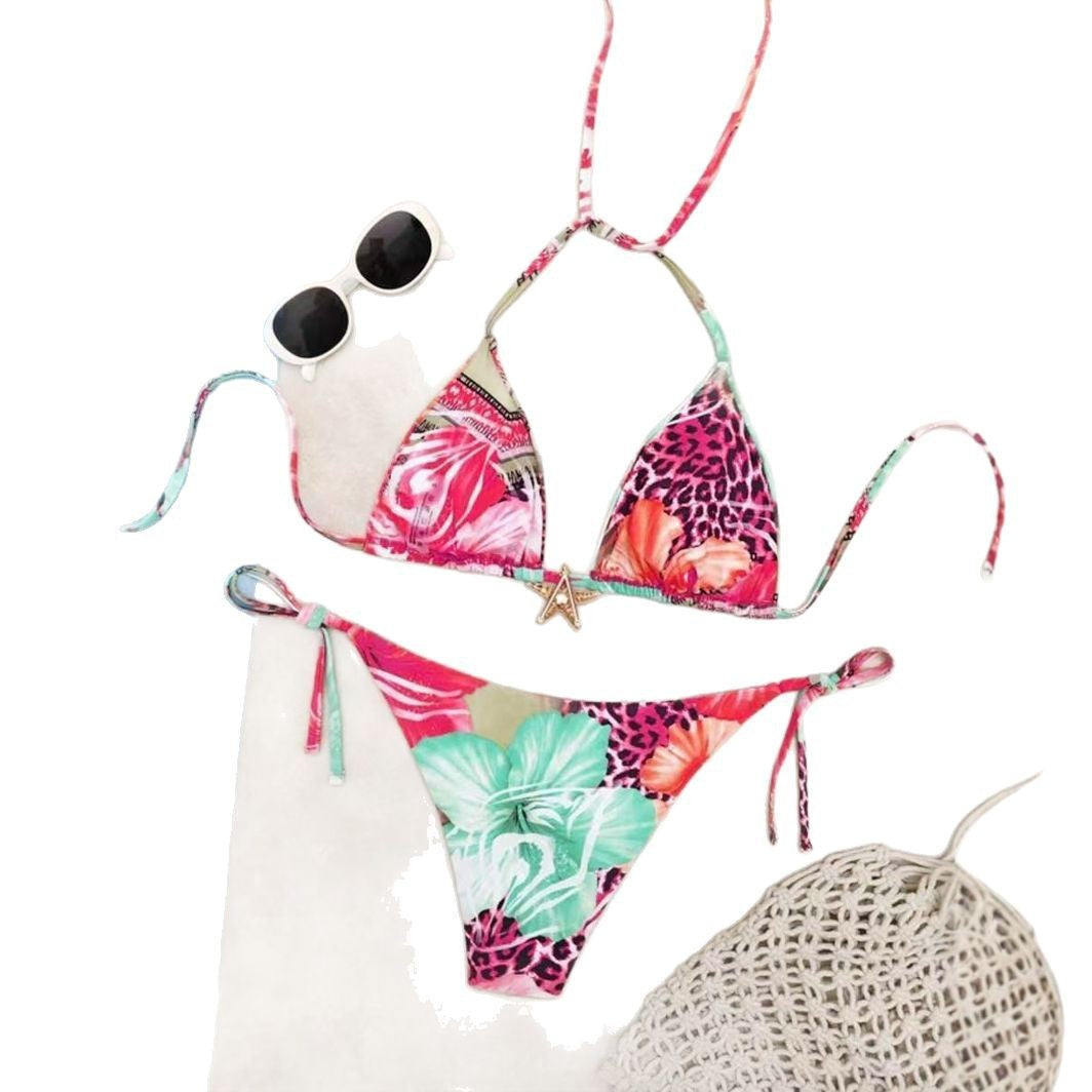 Lace-up Printed Bikini High-end Two-piece Swimsuit Set for Women