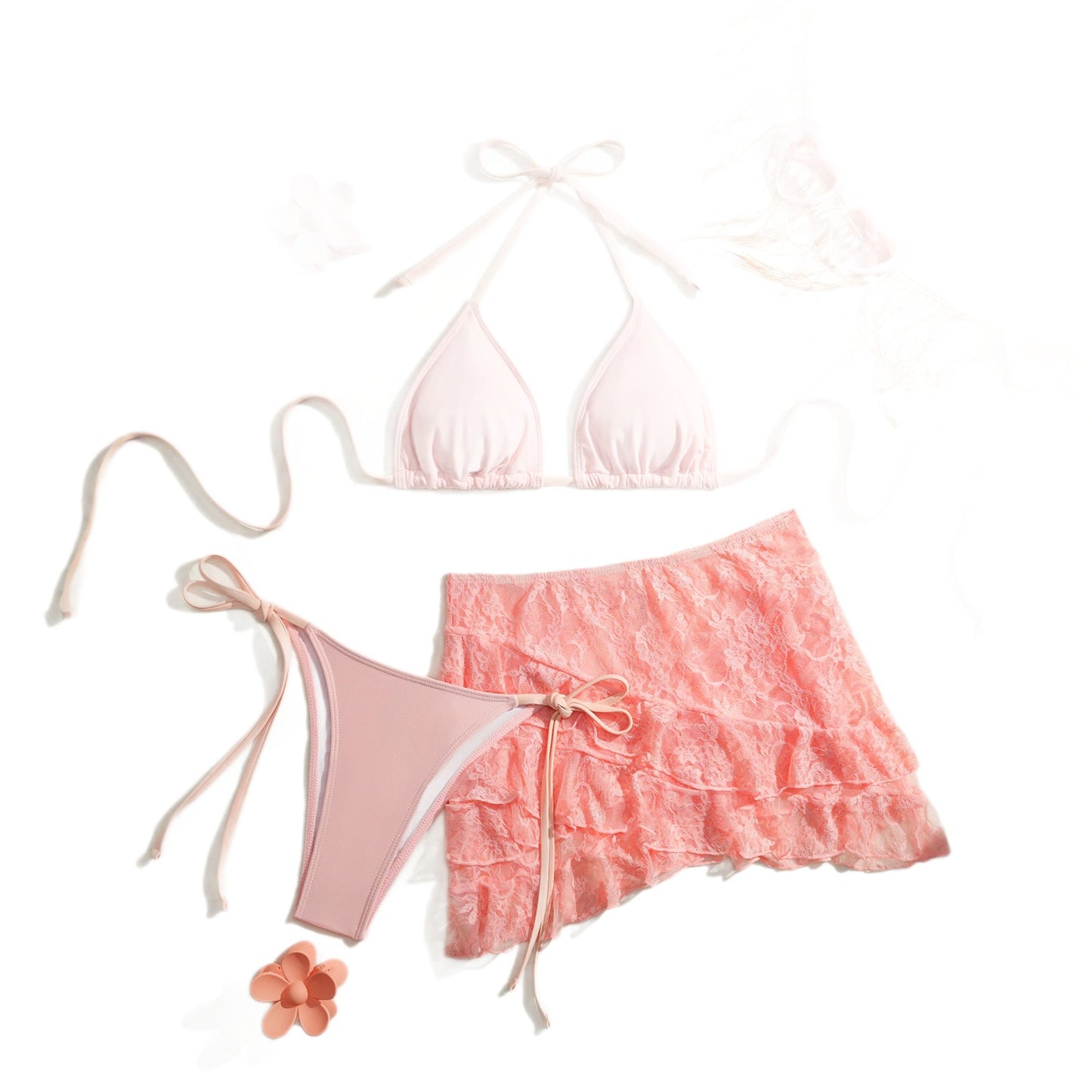 Lace Mesh Skirt Cover Up Strappy Halter Three Piece Bikini