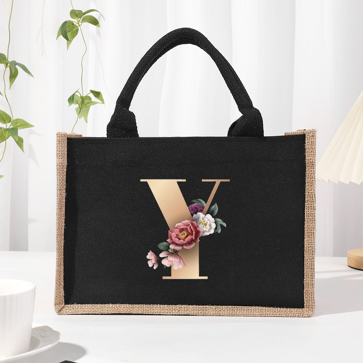 Cotton and linen canvas tote bag, printed letter tote bag, portable light handbag, gift shopping bag