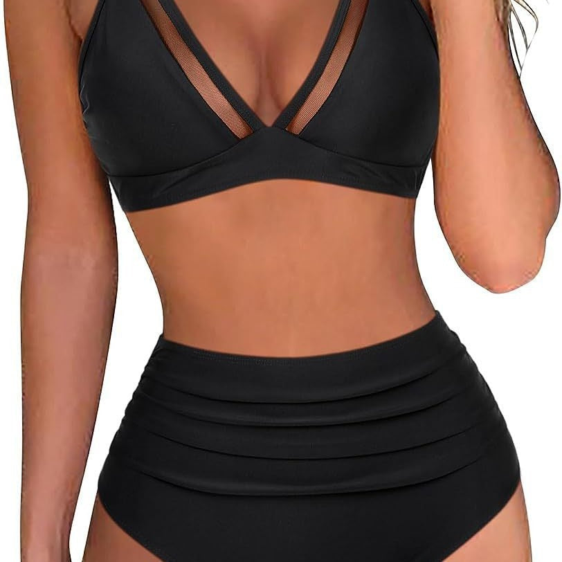 High Waist Bikini Mesh Panel Sexy Backless Ruffled Swimsuit
