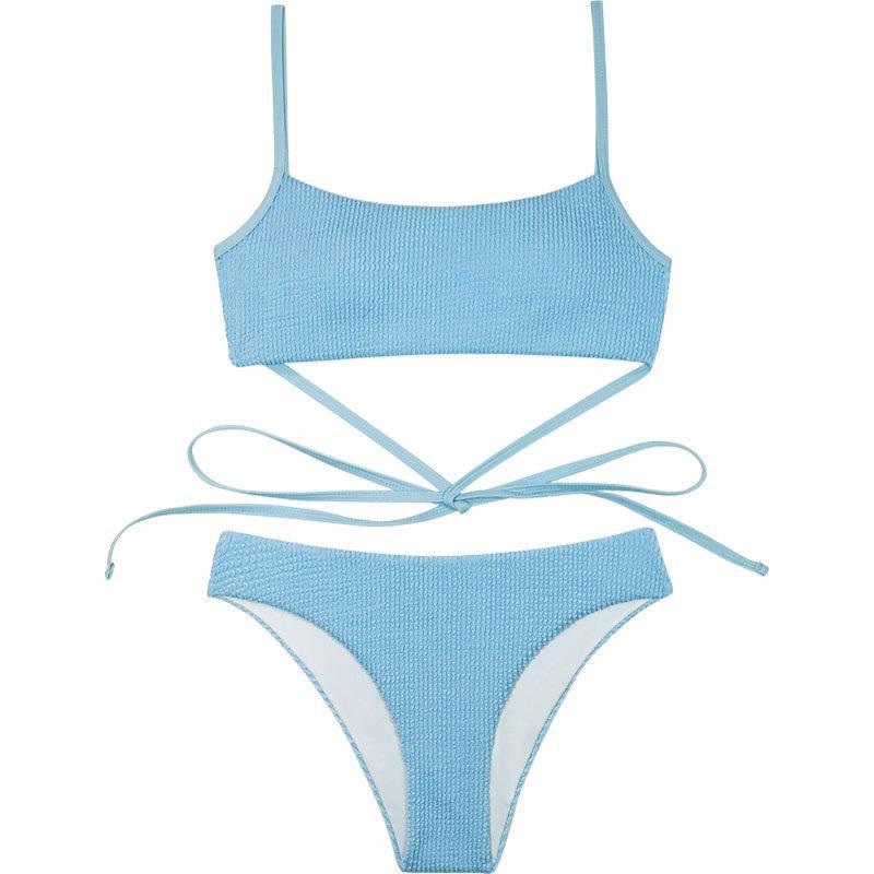 Women's High Waist Solid Color Split Swimsuit with Wave Pattern for Tummy Control