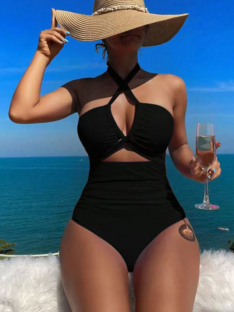 High Waist Solid Color One Piece Sexy Backless Halter Swimsuit for Women