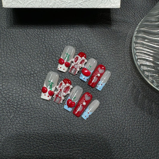 Handmade Nails Press on Nails New Year's Armor Red Cherry Pinch Hand Painted