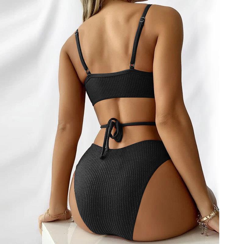 Women's High Waist Solid Color Split Swimsuit with Wave Pattern for Tummy Control