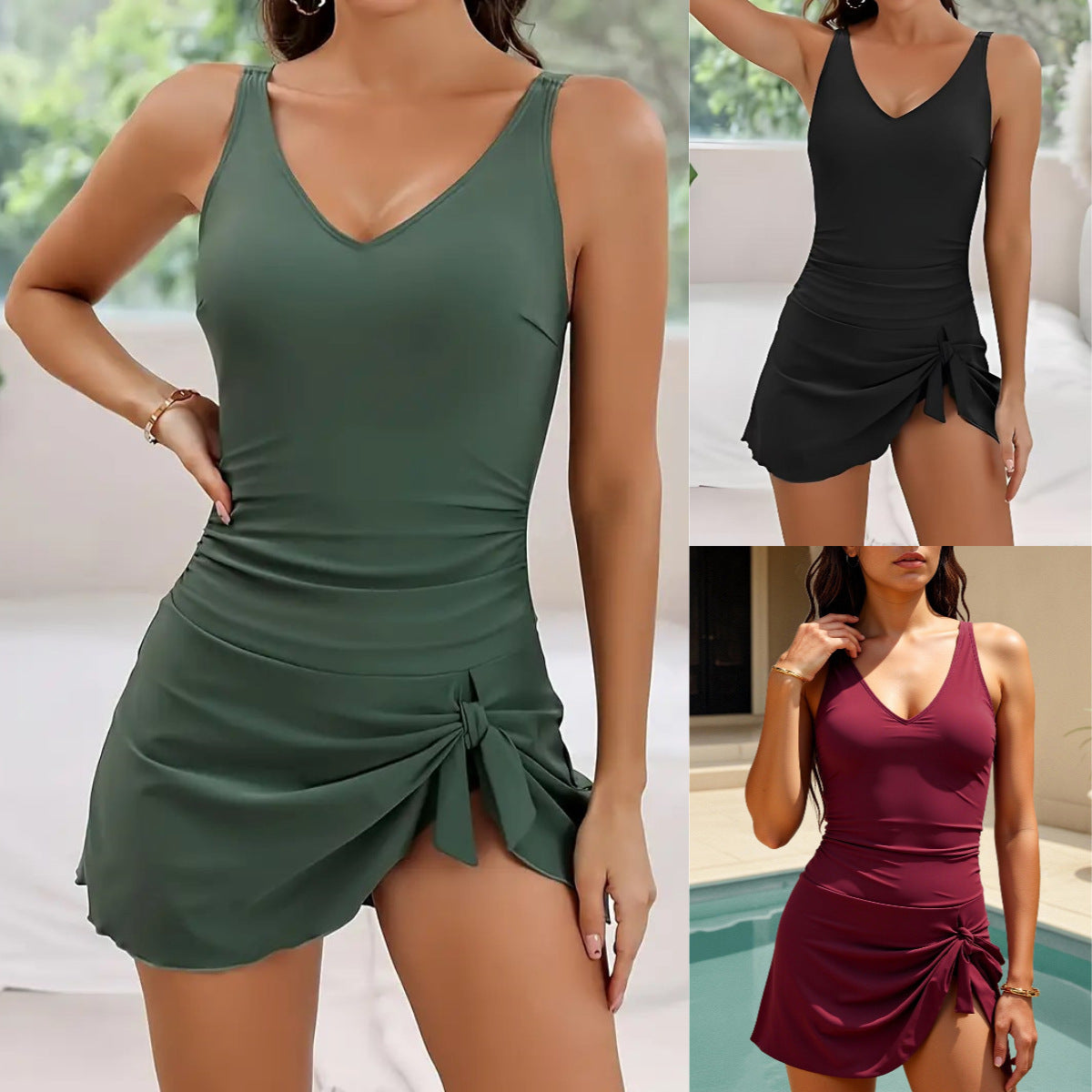 Solid Color Slimming One-Piece Swimsuit for Beach