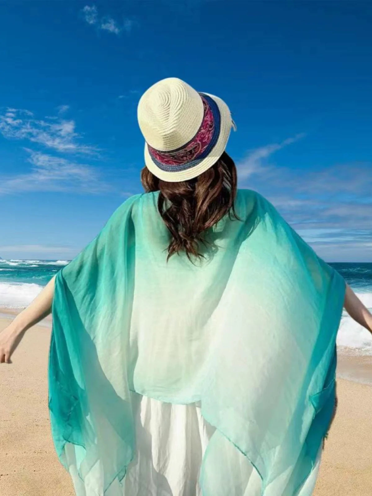 Travel Summer Gradient Shawl – Lightweight Cotton Blend, Buckle Detail