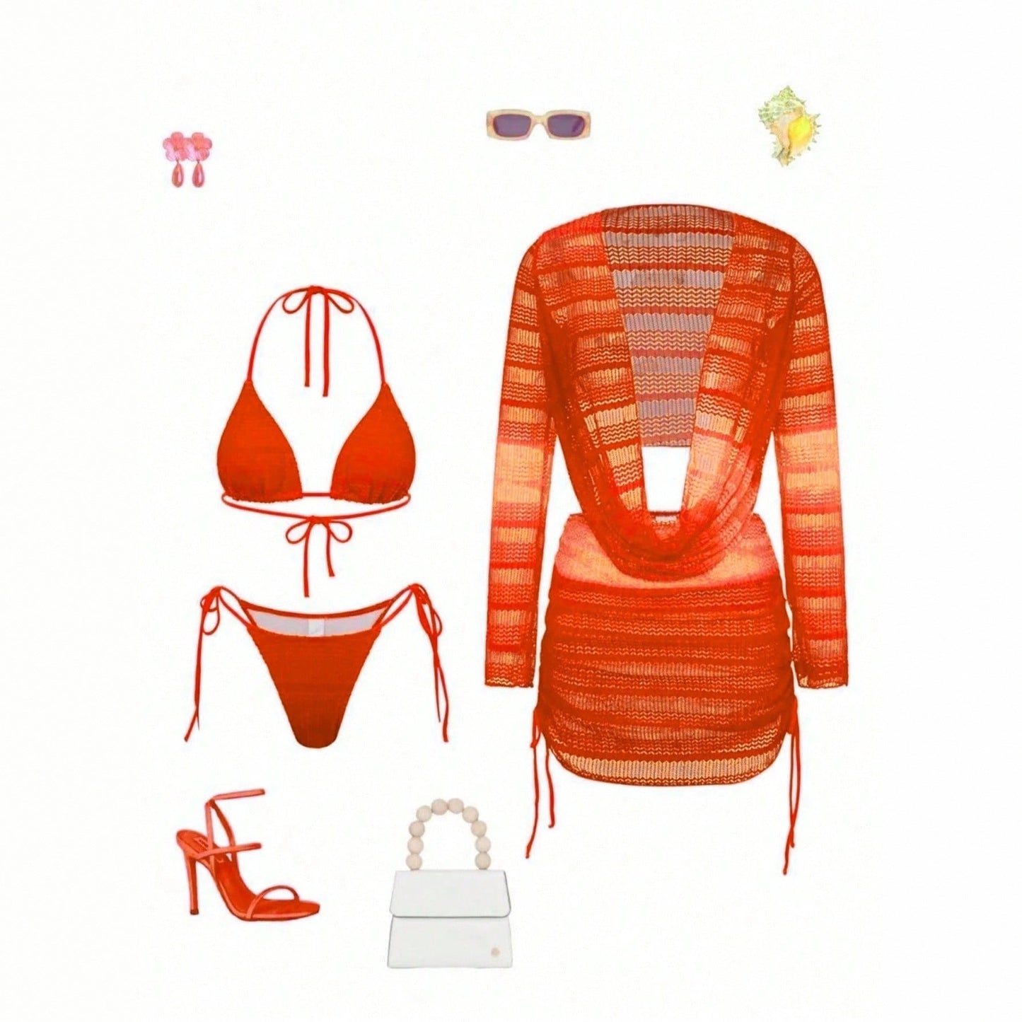 Women's Swimsuit Tie-Dye Print Mesh Long Sleeve Beach Dress Sexy Bikini Four-Piece Set