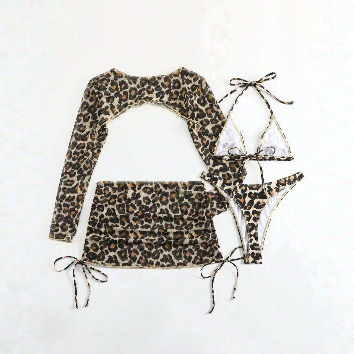Leopard Print Lace up Sexy Bikini Separated Four piece Swimsuit Long Sleeve Sun Protection Skirted Swimwear
