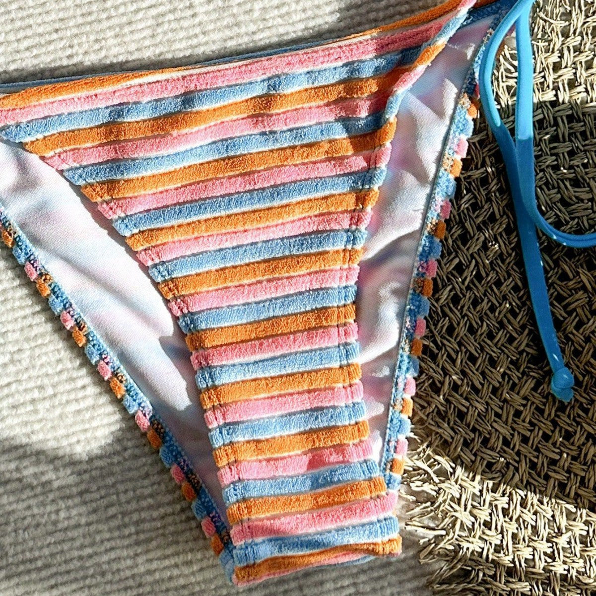 Women's Jacquard Striped Colorful Tie Side Separate Three Piece Bikini Swimsuit Set