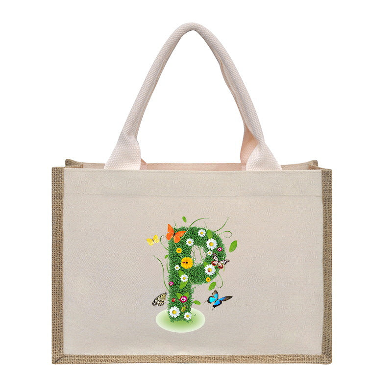 Cotton and linen canvas tote bag, printed letter tote bag, portable light handbag, gift shopping bag