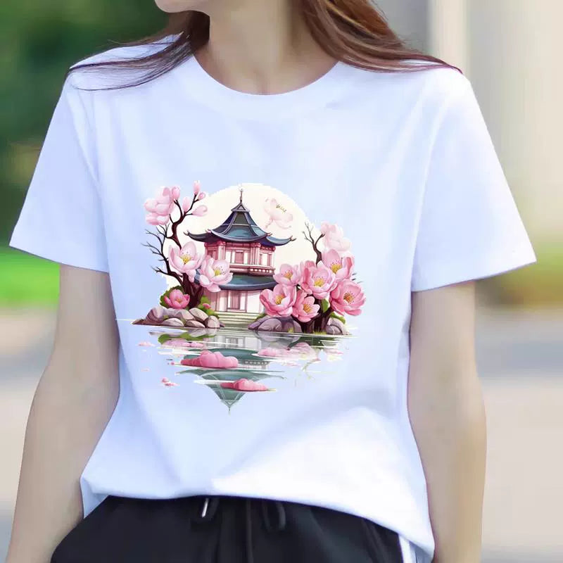Women's Butterfly Floral Print Short Sleeve T-Shirt