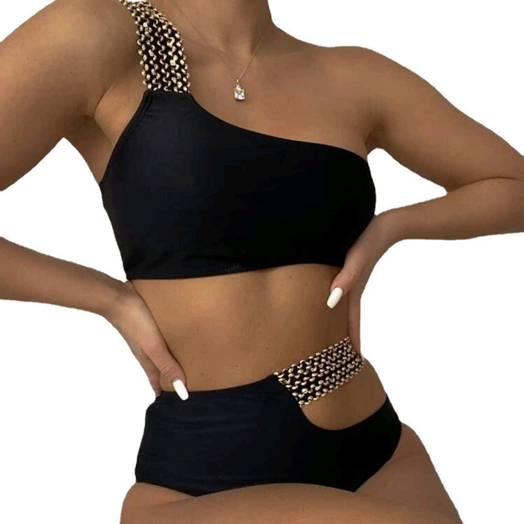 Women's Sexy Solid Color Nylon Two-Piece Swimsuit with Removable Hard Cups Bikini Set