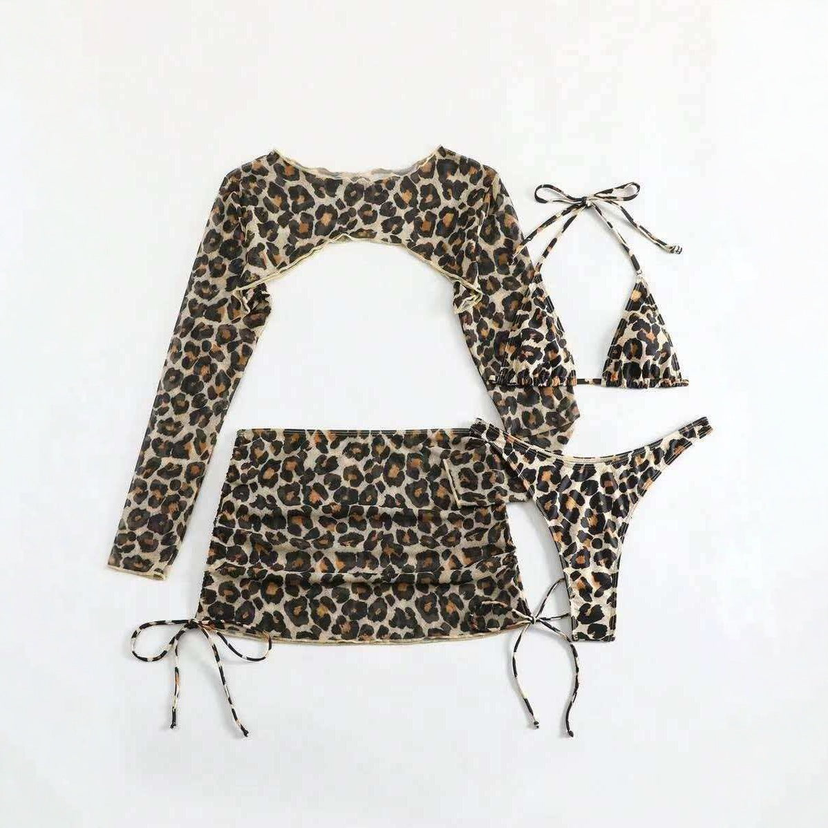 Leopard Print Lace up Sexy Bikini Separated Four piece Swimsuit Long Sleeve Sun Protection Skirted Swimwear